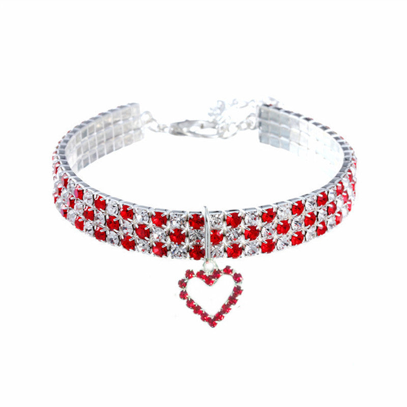 Elastic crystal pet necklace collar with silver plated charm in white, view 2