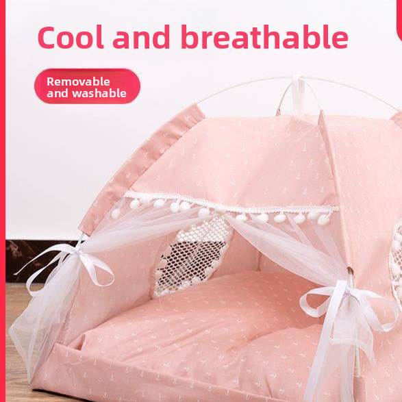 Pink enclosed cat tent bed with soft lining, view 1