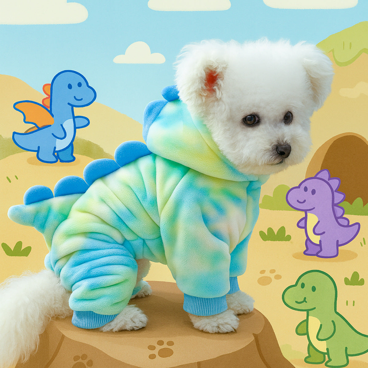 Fleece lined animal costume hoodie for dogs and cats, in a home setting