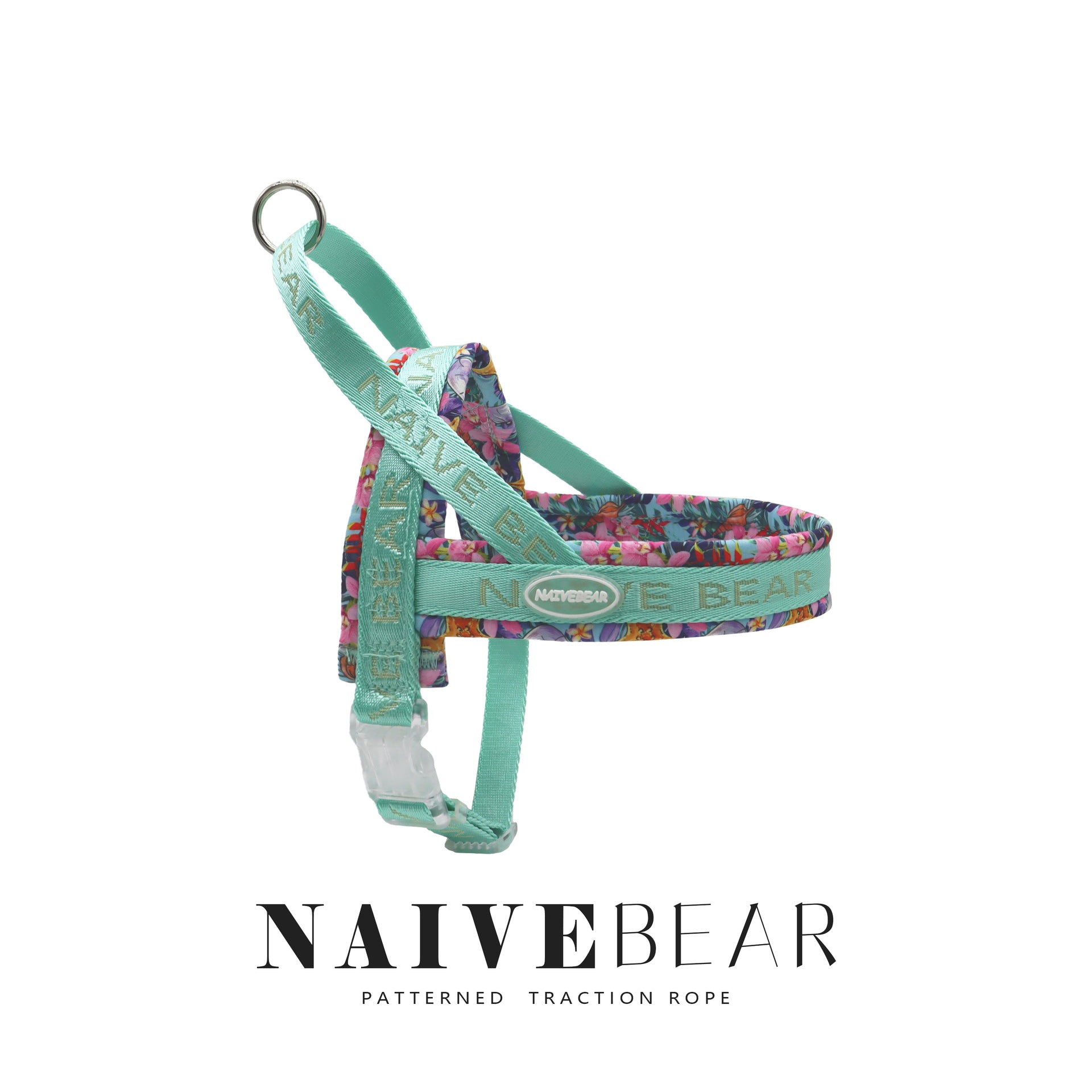 Printed saddle dog harness in cyan blue with retractable lead