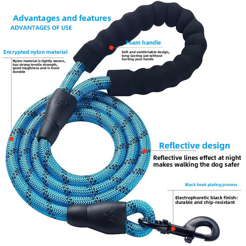 Reflective nylon dog lead in fluorescent green on a walk