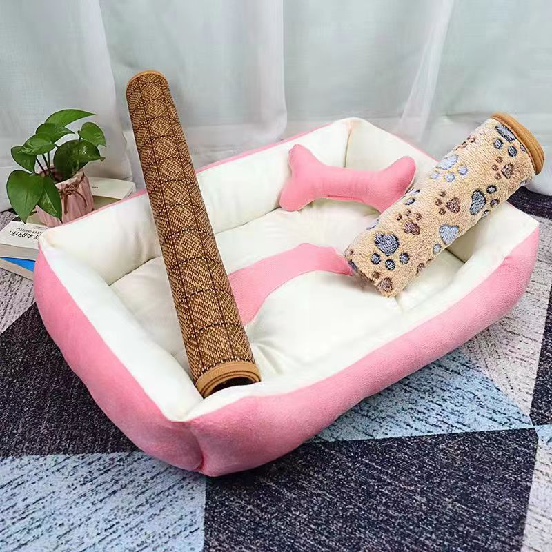 Soft pet bed with blanket, mat and bone pillow, photo from another angle