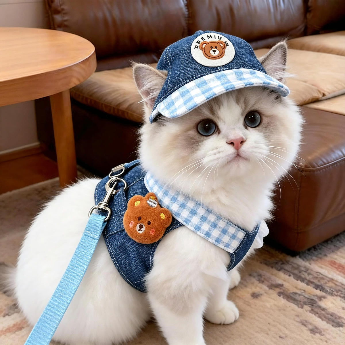 Denim and check pet harness and hat set, main product photo