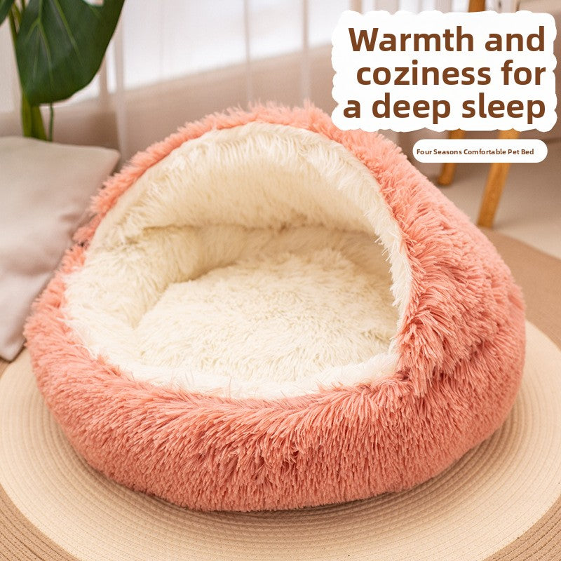 Round shell plush pet nest bed with semi-enclosed hood for cats, photo 3