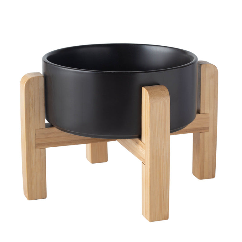 Elevated Ceramic Pet Feeding Bowl with Bamboo Stand, Anti-Spill Base in Five Colours