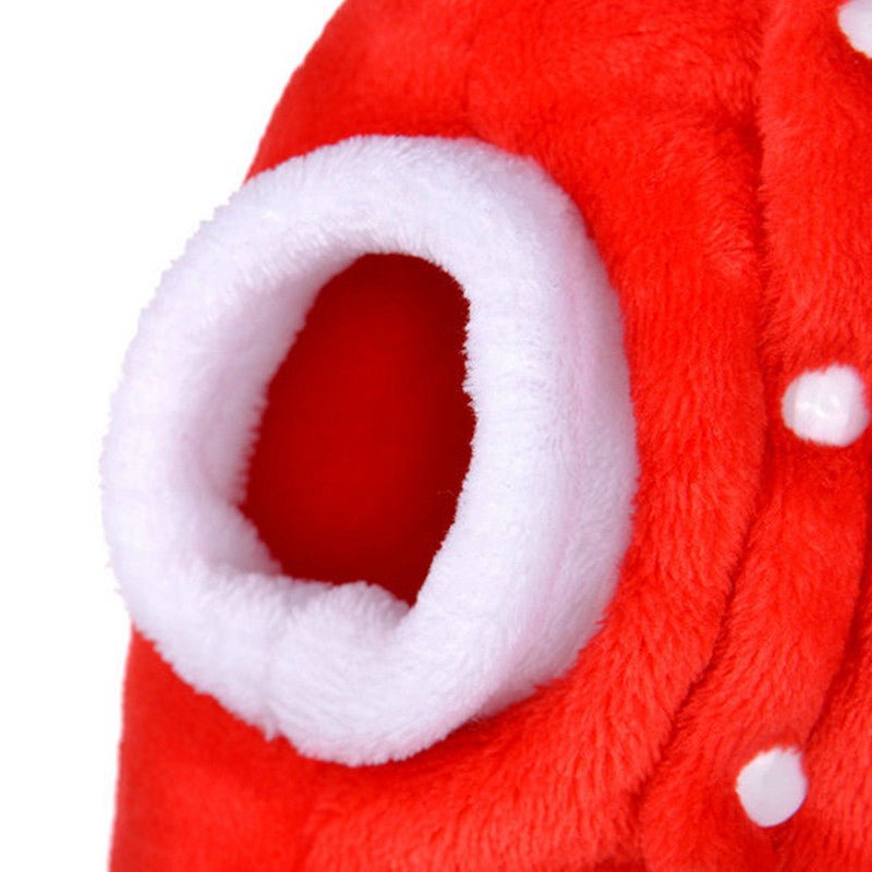 Christmas coral fleece dog outfit with reindeer design in Red, showing size and shape