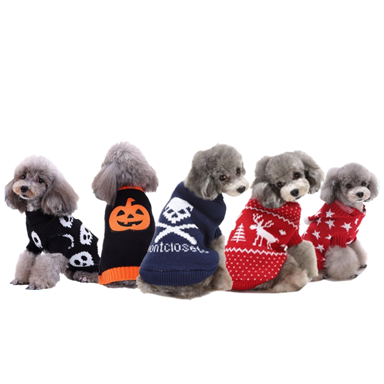 Blue knitted wool jumper for dogs and cats in Blue, front view