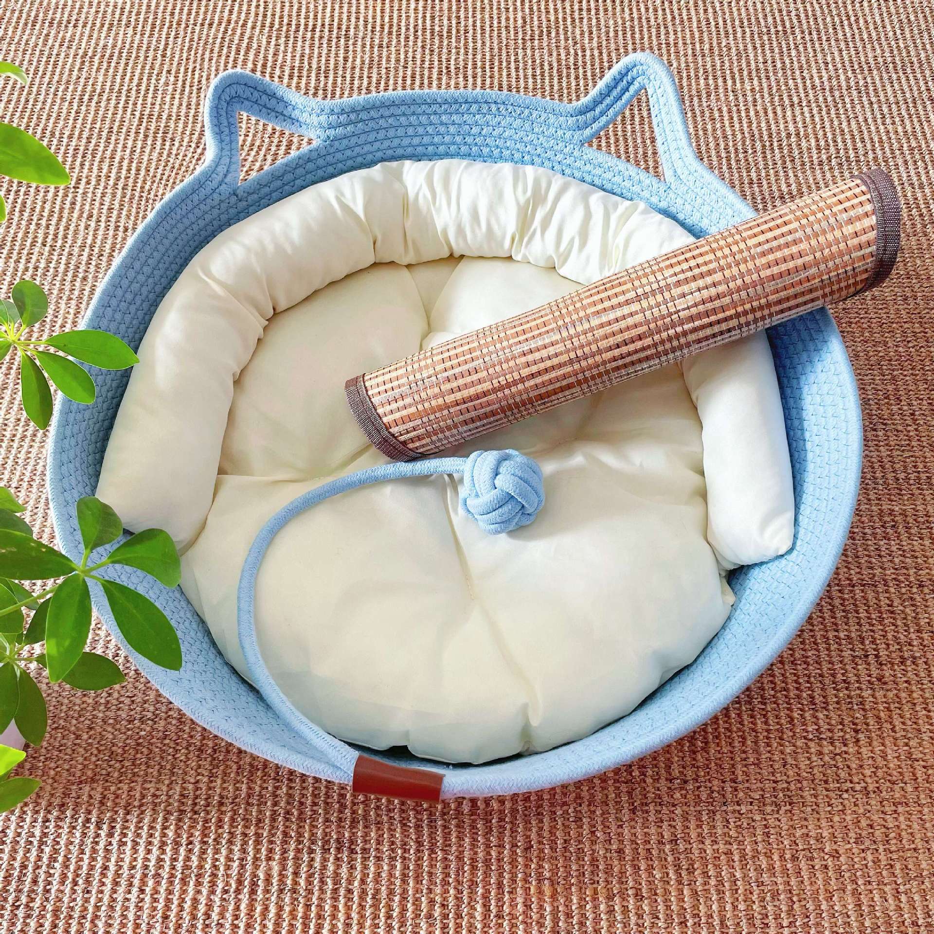 Small woven rattan cat nest in macaron blue with ball, view 56