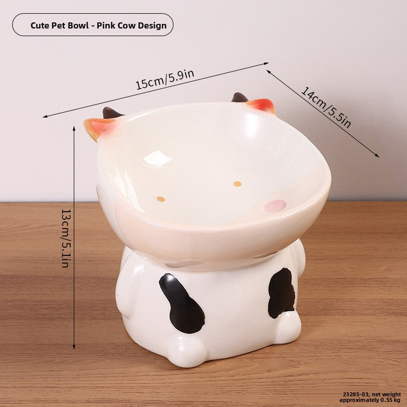 Ceramic Elevated Pet Bowl with Anti-Spill Slanted Opening and Double Ears in Cute Designs