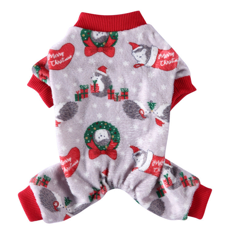 Coral fleece four-leg dog jumpsuit with holiday print in Orange Style B, material detail