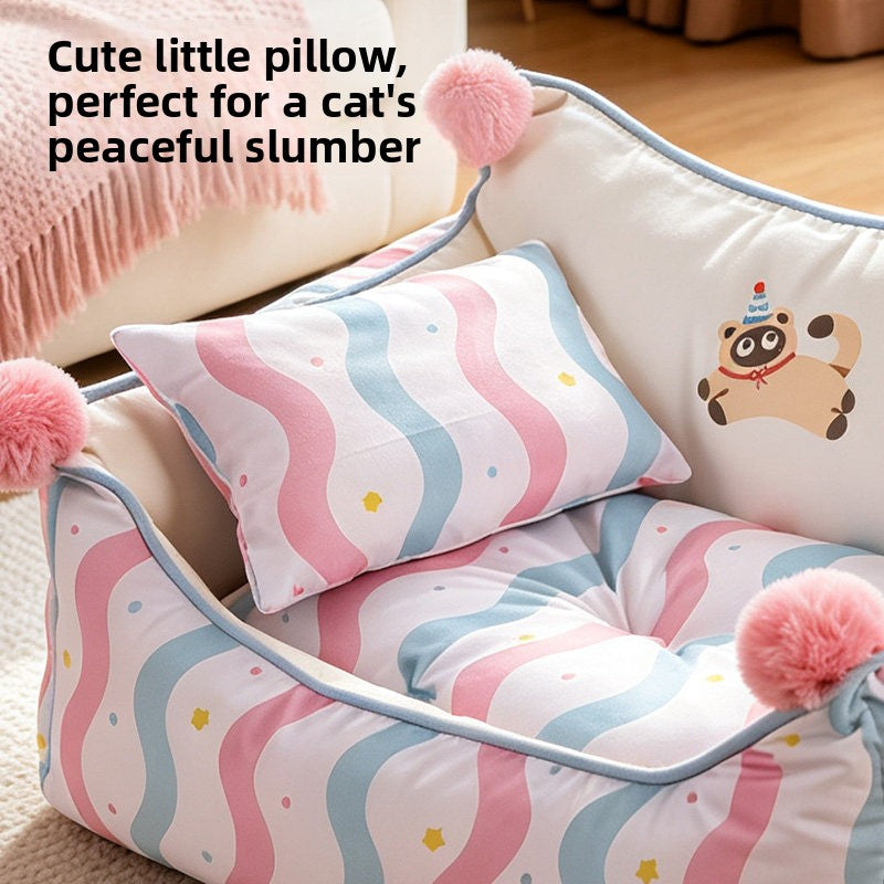 Semi-enclosed sofa style cat bed with striped poodle print, product image 3