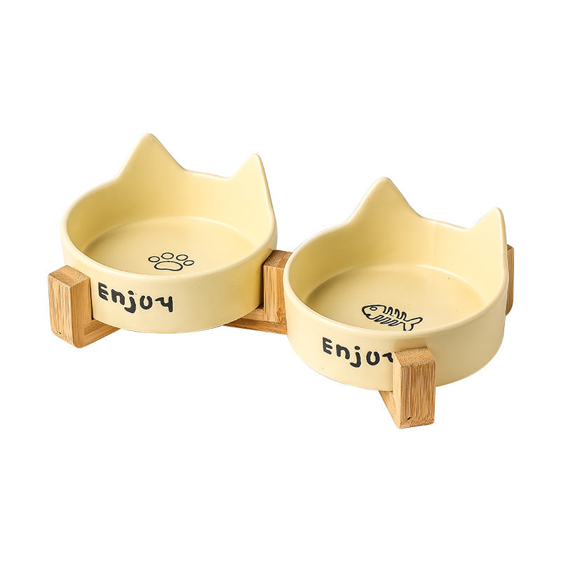Anti-Spill Ceramic Pet Bowl with Wooden Stand and Cat Ear, Paw or Fish Bone Design