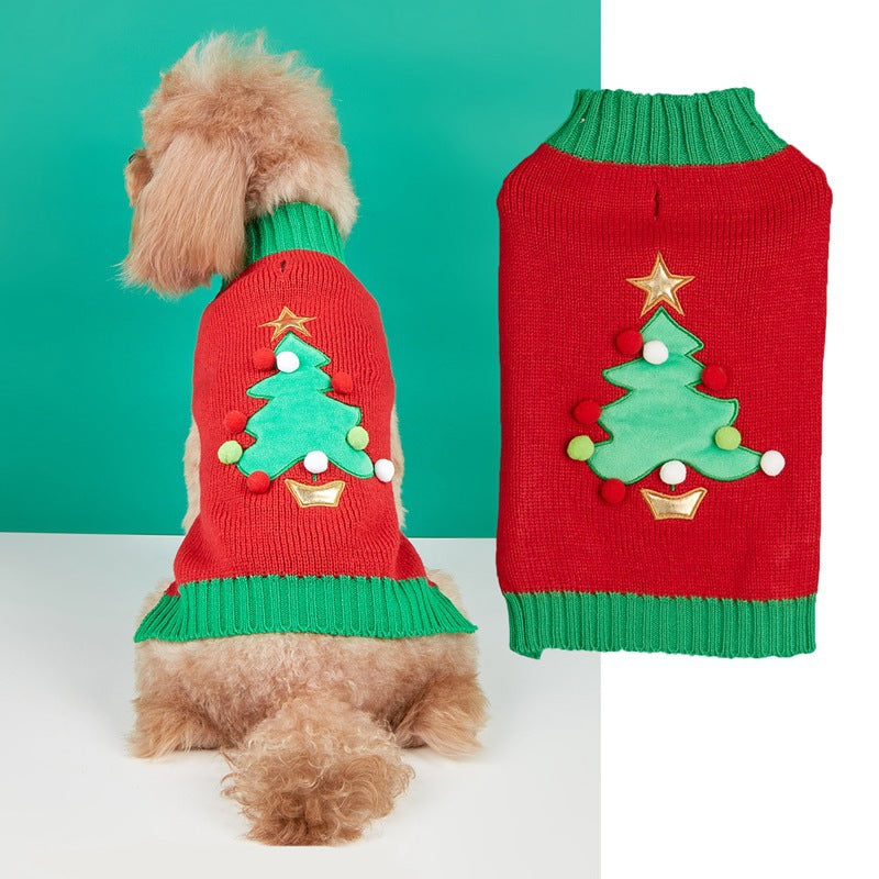 Christmas knitted pet jumper with festive design in Red Tree Skirt, top view