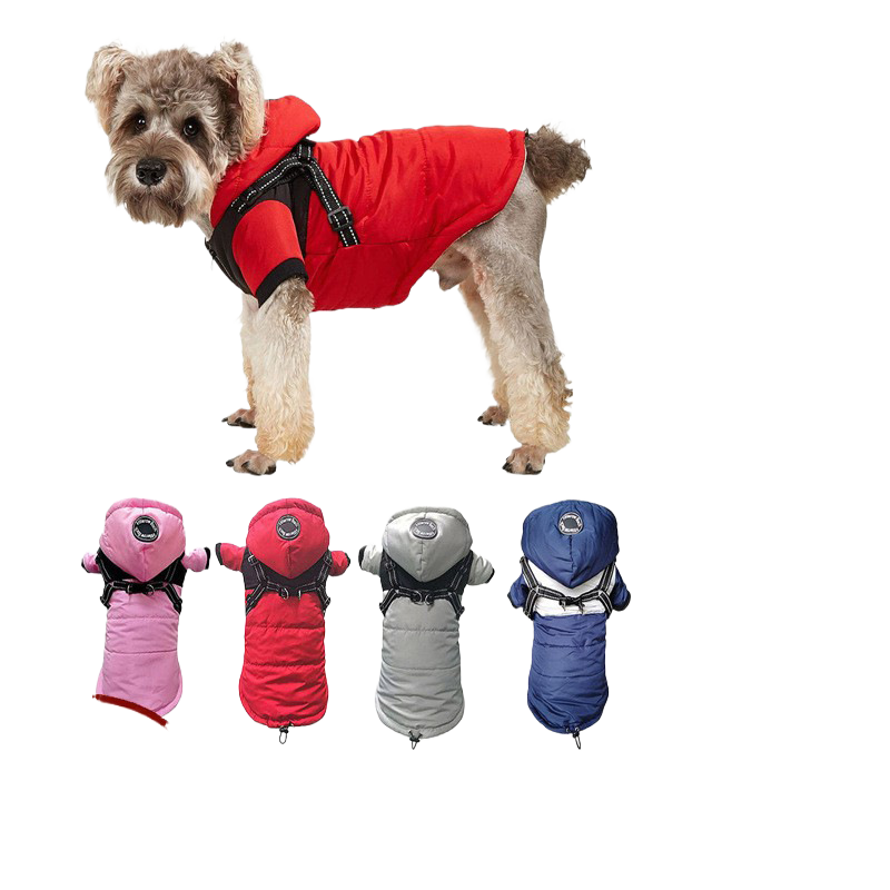 Hooded waterproof dog jacket with built-in harness in Red, close-up detail