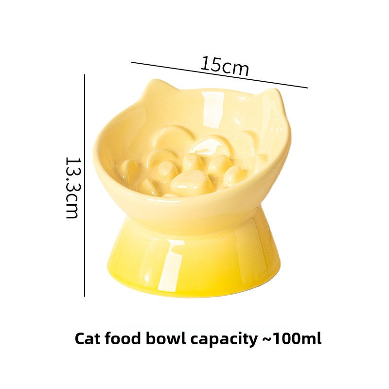 Ceramic High-Foot Cat Bowl with Slanted Rim, Slow-Feeding Feature and Ear Handles