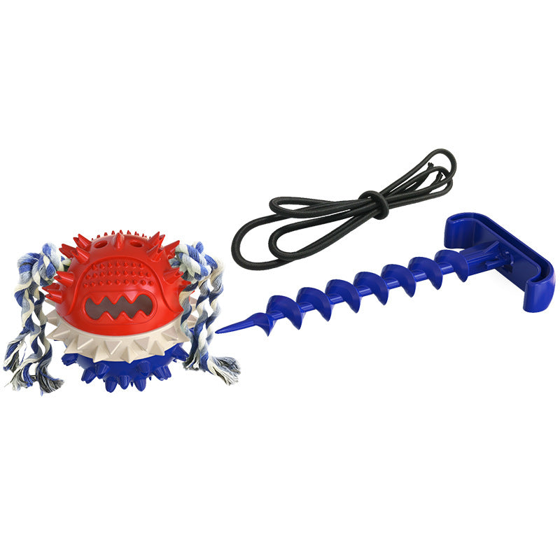 Squeaky tug ball dog toy with pull rope in blue