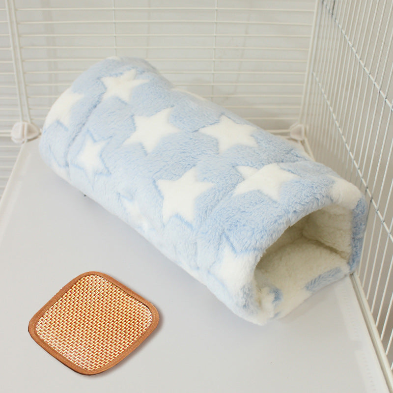 Flannel pet tunnel sleeping bag for small pets in Blue Star with Cooling Mat