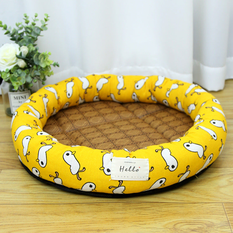 Round straw mat cooling pet nest with cat print, product image 17