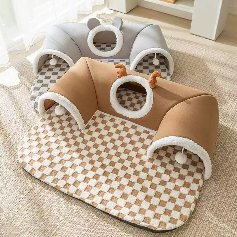 U shaped tunnel cat den with brown deer design, view 2