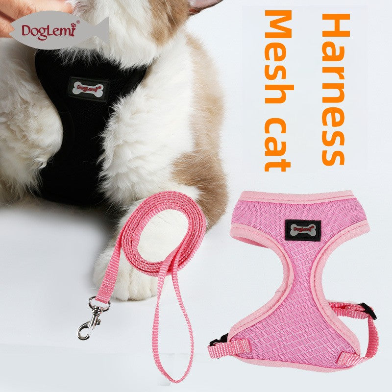 Black breathable mesh cat vest harness with lead