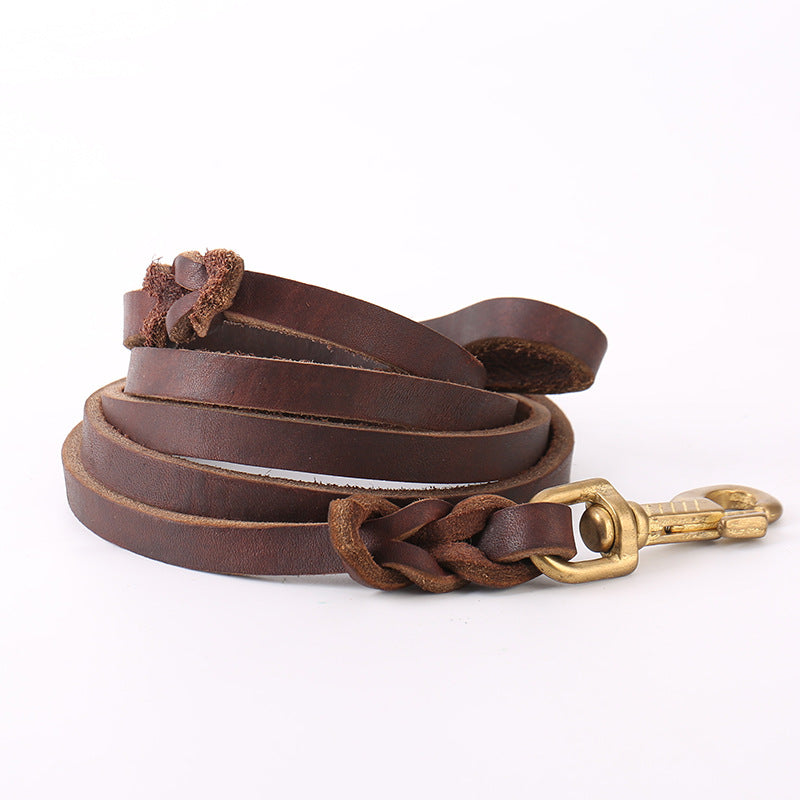 Brown leather dog lead with metal clip for walks, view 1