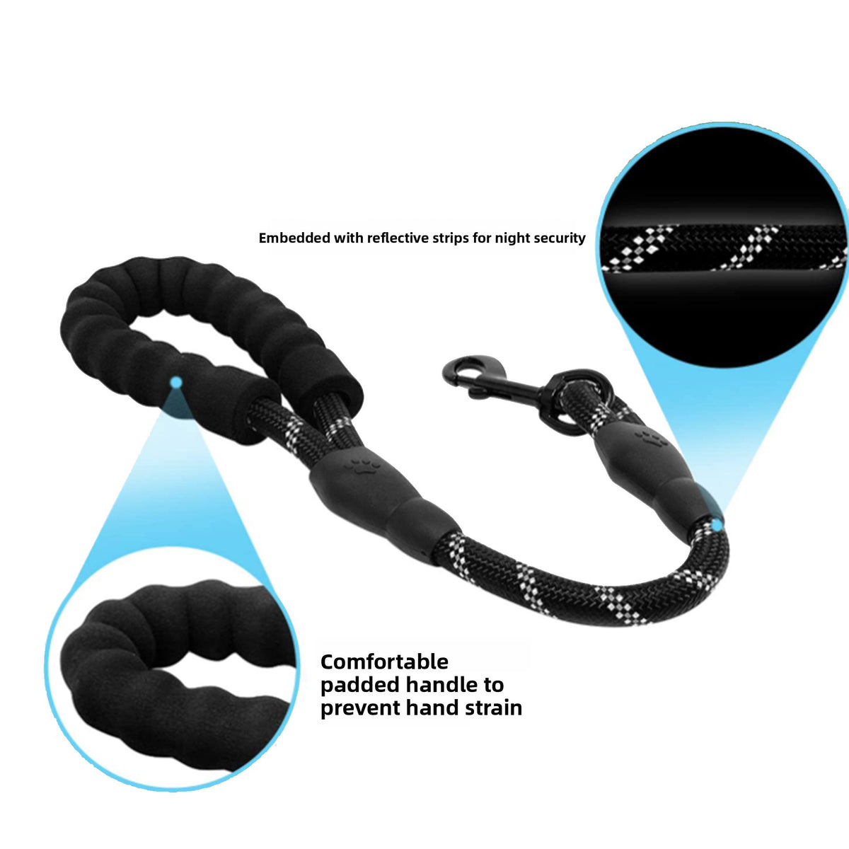 Short reflective traffic lead for dogs, 4 sizes available