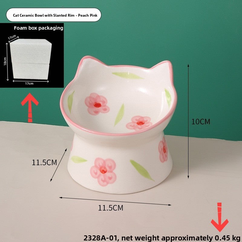 Ceramic Elevated Pet Bowl with Anti-Spill Slanted Opening and Double Ears in Cute Designs