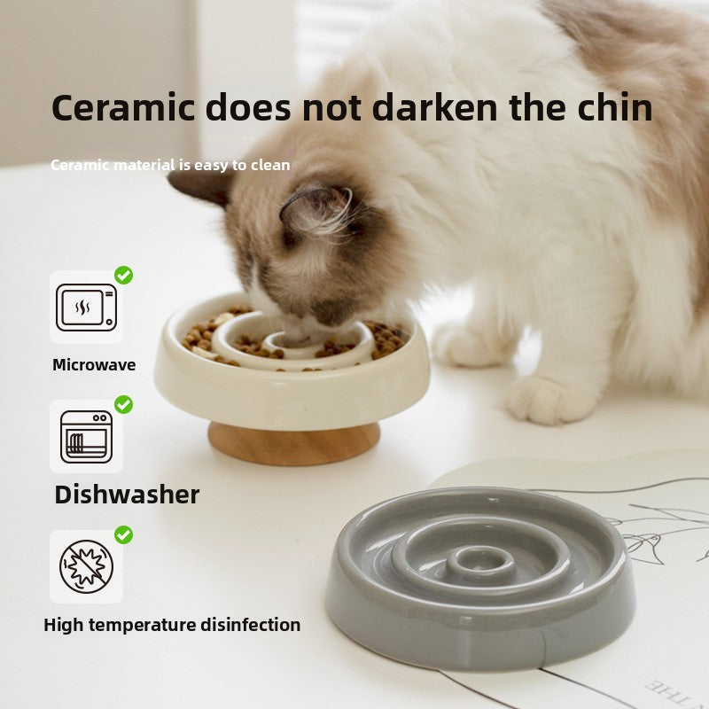 Round Ceramic Slow Feeder Bowl 15.5cm with Raised Pattern and Optional Wooden Base