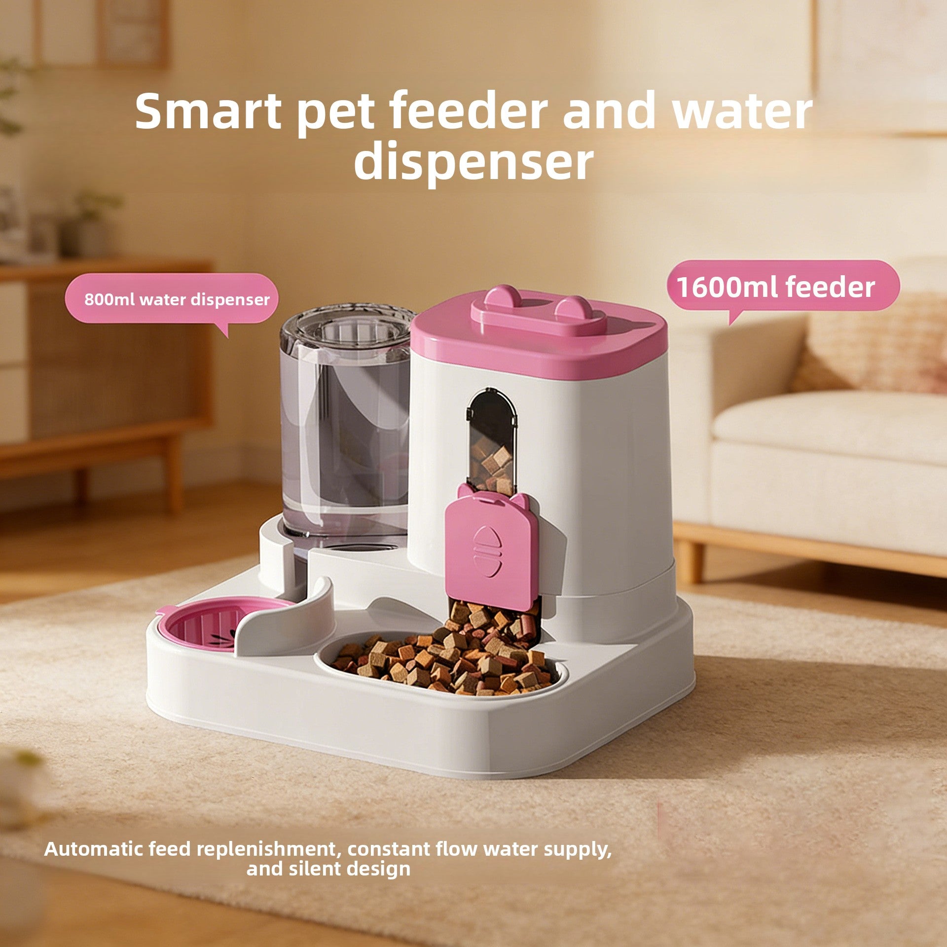 Automatic Pet Food and Water Dispenser with Gravity Feed, 2.3L Food and 1L Water Tank