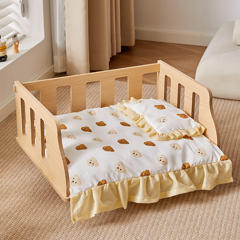 Removable washable pet bed with cute print, further angle view