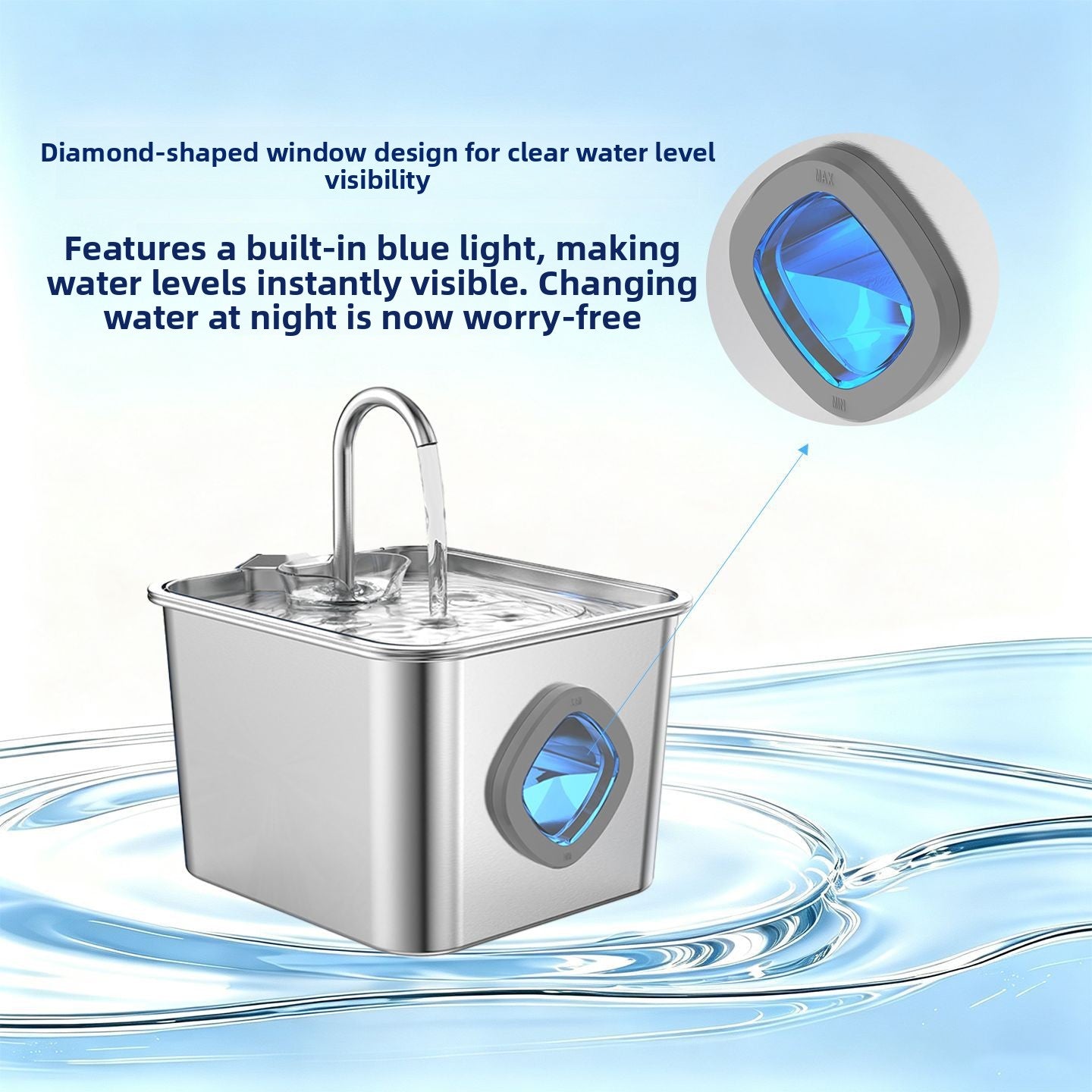 304 Stainless Steel Pet Water Fountain with Faucet Spout and Viewing Window, 2.2L or 3.2L