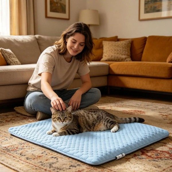 Washable ice silk pet cooling mat with a cat lying on it, view 4