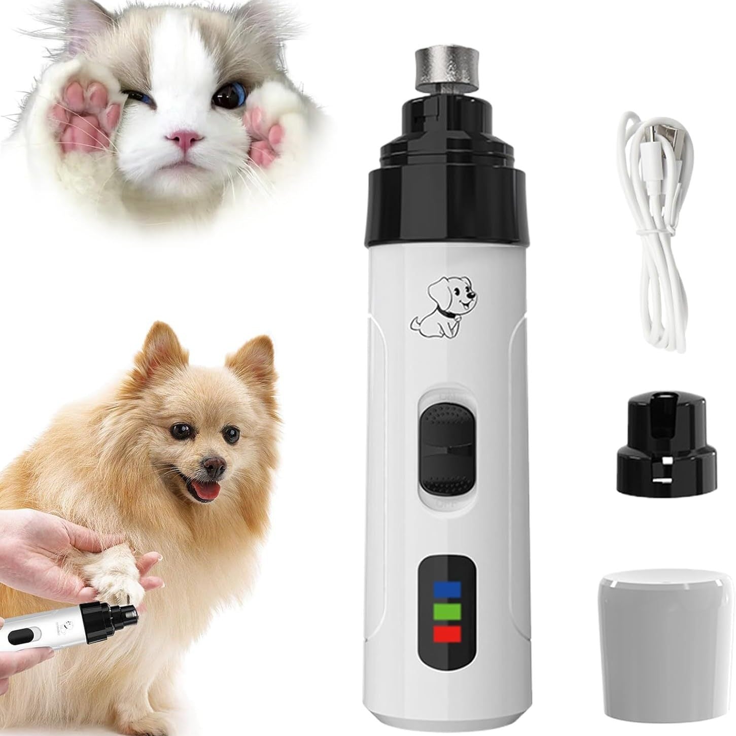 White rechargeable pet nail grinder with built-in LED light