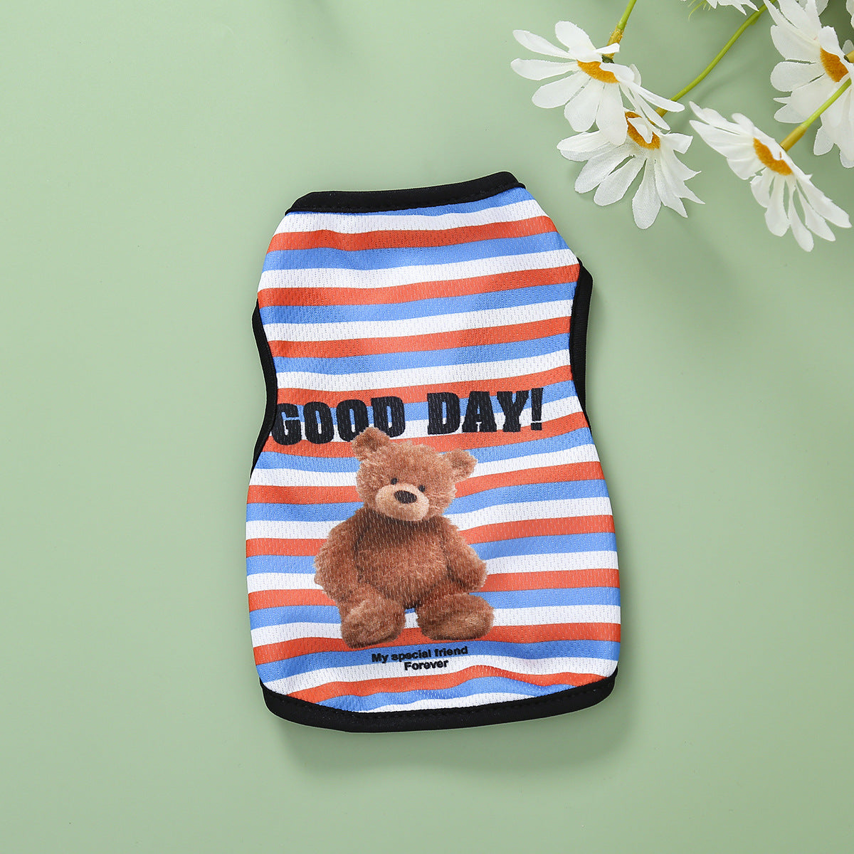 Small dog wearing a light blue striped summer vest