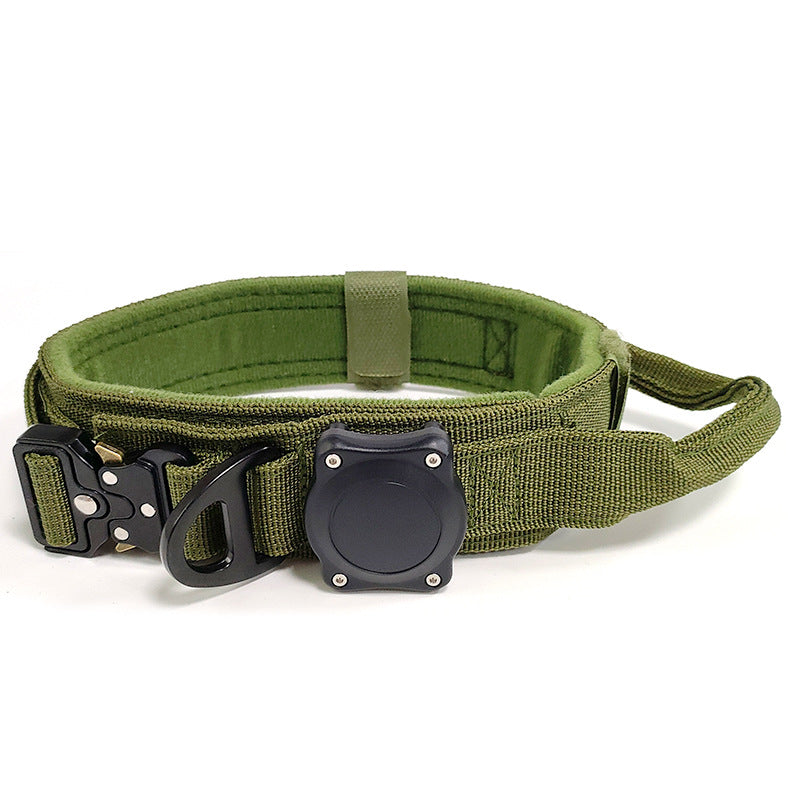 Wide tactical nylon dog collar for large dogs in Dark Green, in a home setting