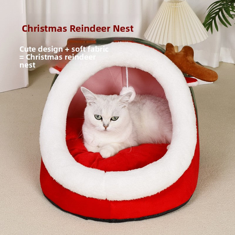 Semi-enclosed washable cat bed with cute animal print design