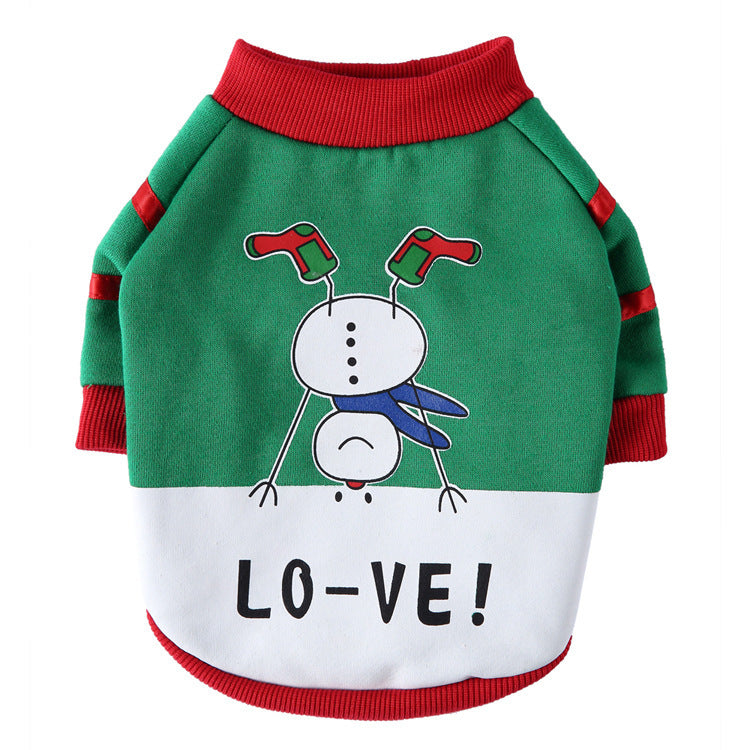Coral fleece four-leg dog jumpsuit with holiday print, in use with a pet