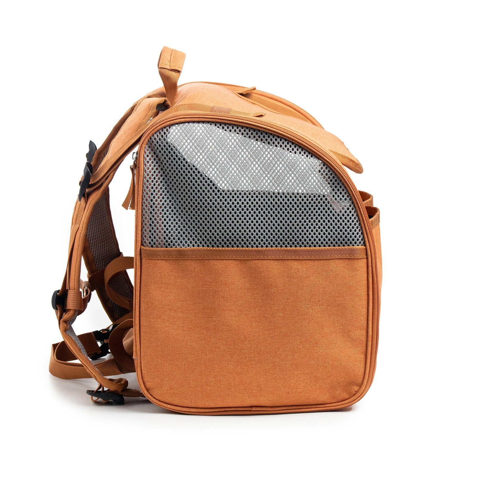 Light brown expandable pet carrier backpack with mesh panels, view 3