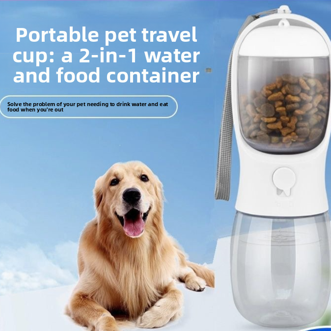 Portable pet drinking cup with food compartment in White Style A, close-up detail