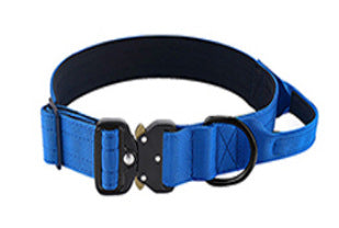 Tactical nylon dog collar with cobra buckle in Bright Blue, close-up detail
