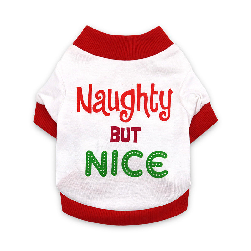 Cotton holiday pet T-shirt for small dogs and cats, in a home setting