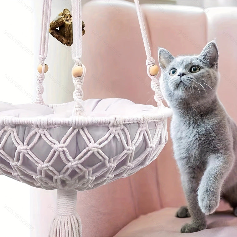 Handwoven bohemian hanging cat hammock in breathable cloth, product image 3