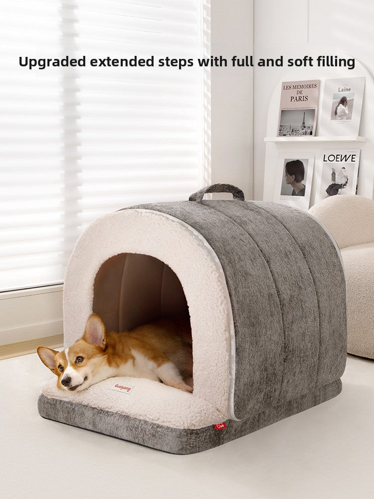 Azure blue semi enclosed roof shaped cat house bed, view 3
