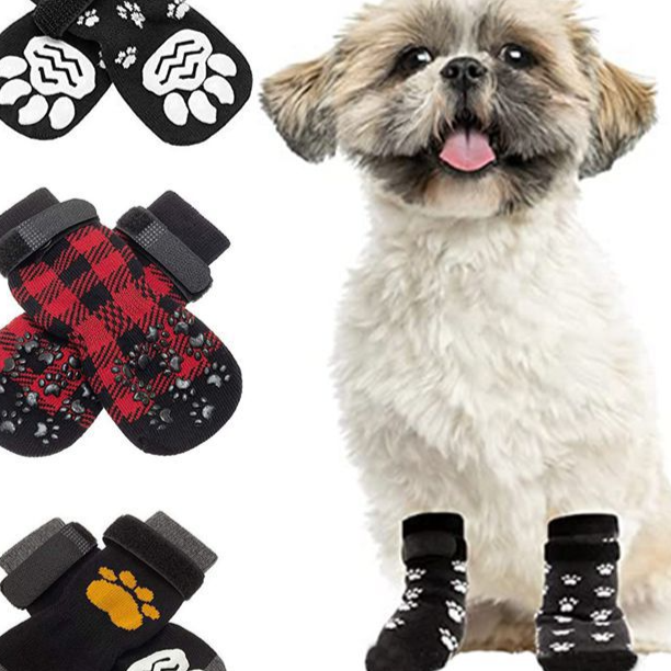 Anti-slip cotton dog socks pack of four with paw print, product image 1