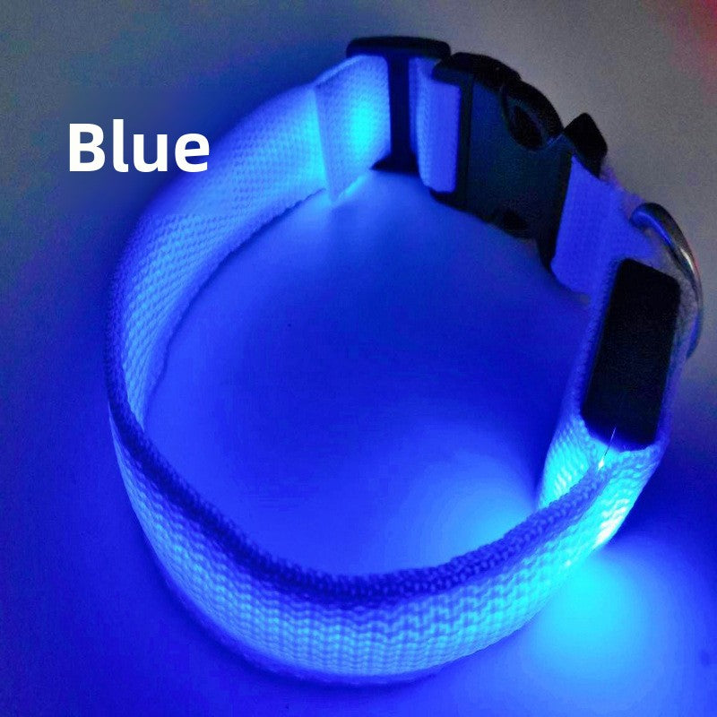 LED nylon pet collar with double-sided glow in White, showing size and shape