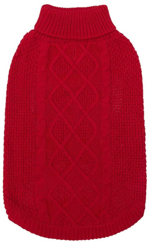 Cable knit roll neck dog jumper in wool knit in Red, showing size and shape