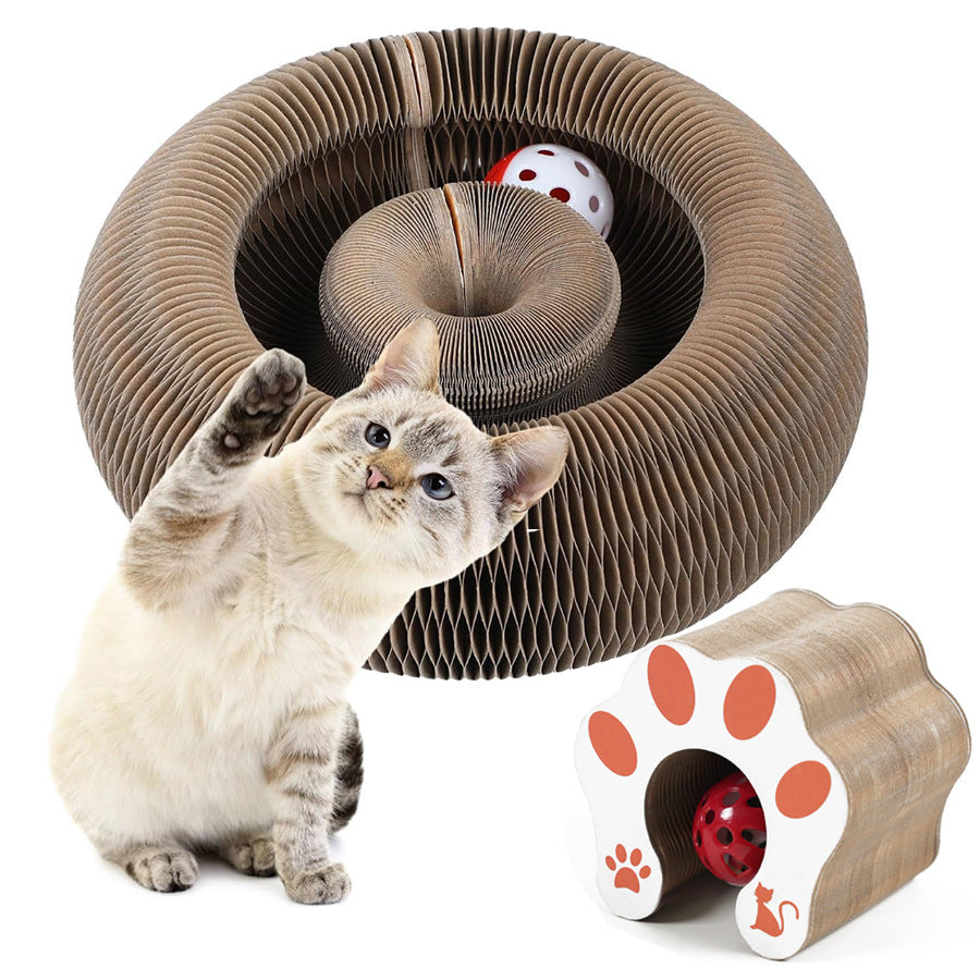 Accordion corrugated cardboard cat scratcher with paw print, photo 2 of 6