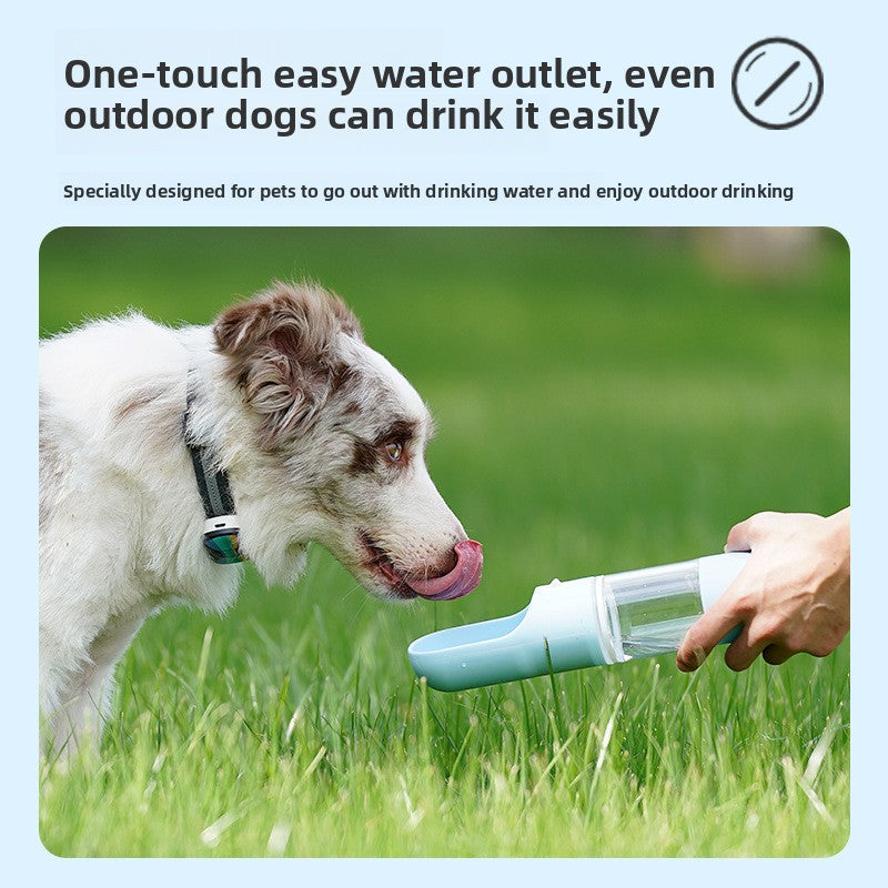 Pink lightweight dog water bottle carried on a hike