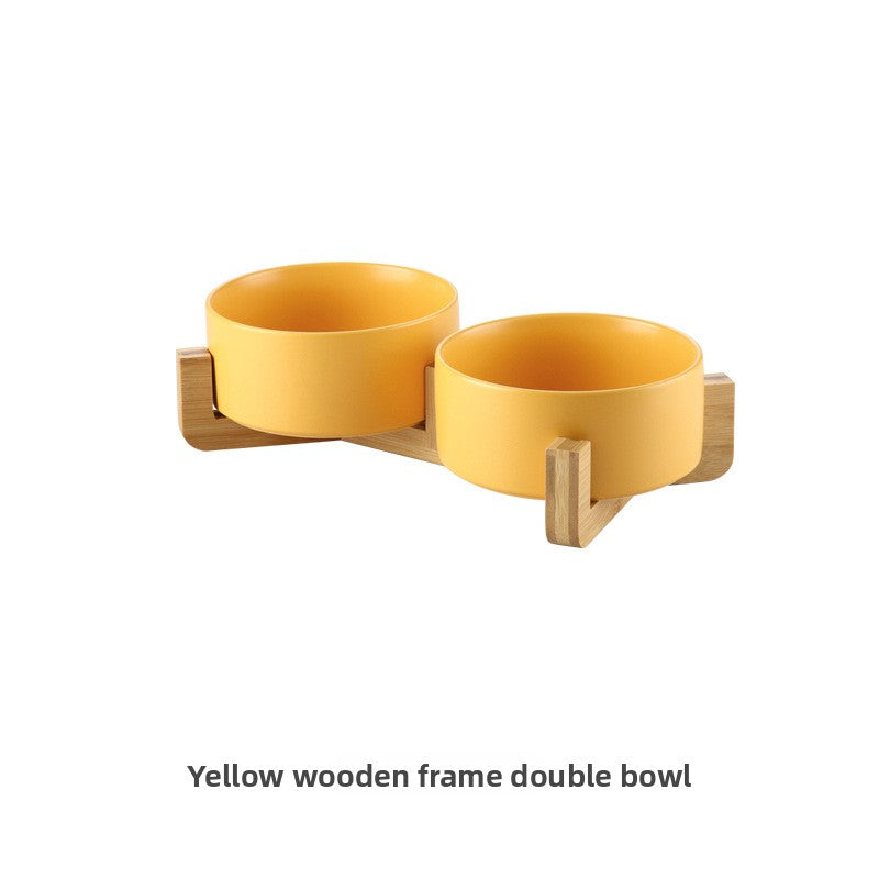 Green double ceramic pet bowl set with wooden stand