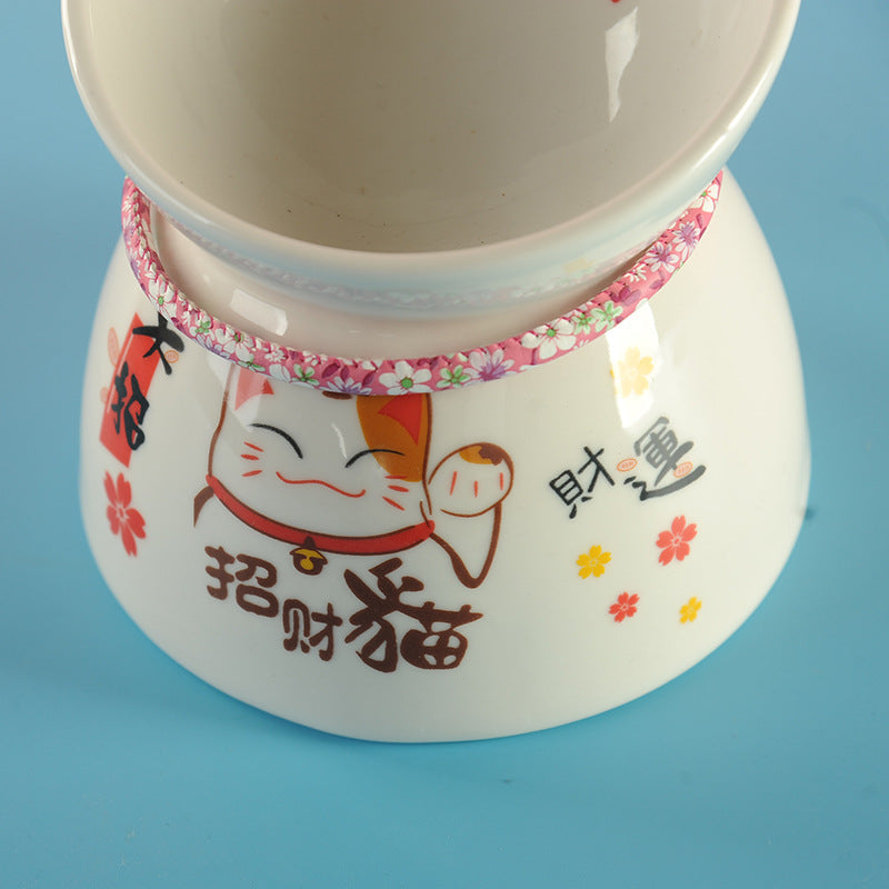 Elevated Ceramic Cat Feeding Bowl with Slanted Mouth and Matching Necklace